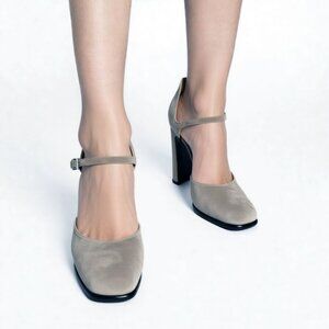 Martinez Valero Light Gray Suede Mary Jane Block Heels Minimalist Pumps Sz 8